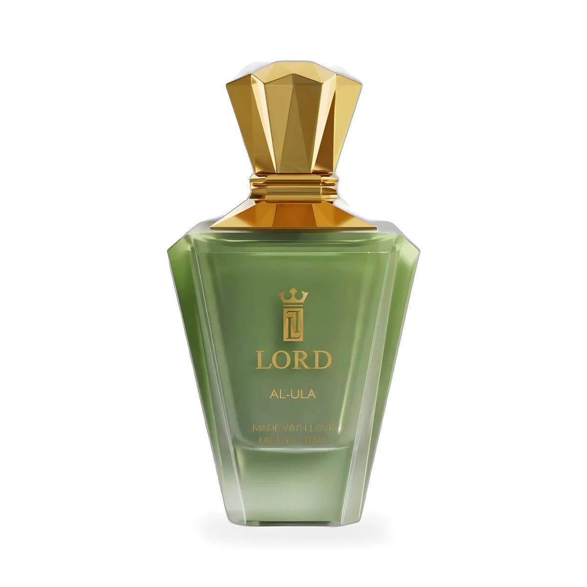 Flacone di Al-Ula di Lord Milano, profumo 100 ml in vetro verde salvia sfumato con tappo dorato sfaccettato
