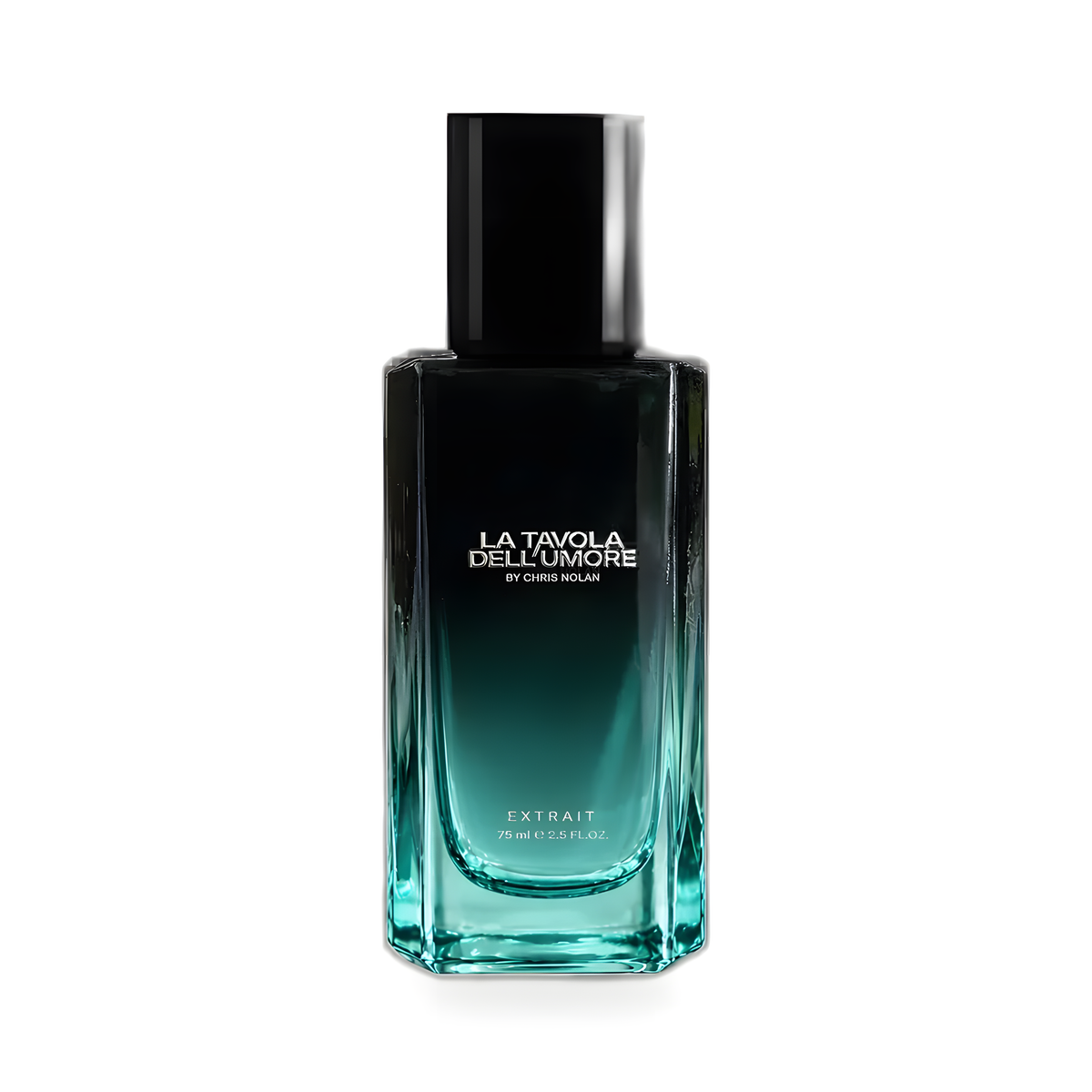 Flacone di La Tavola dell'Umore di Nobile 1942, Extrait de Parfum 75 ml in vetro sfumato dal nero al verde acqua con tappo nero