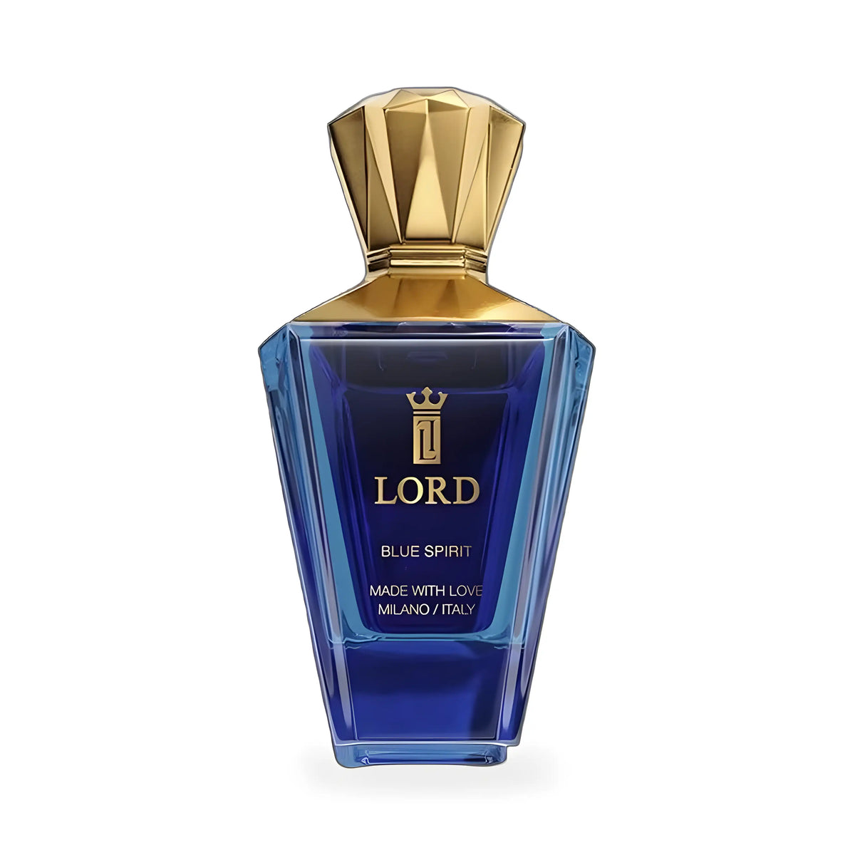 Flacone di Blue Spirit di Lord Milano, Eau de Parfum 100 ml in vetro blu intenso con tappo dorato sfaccettato