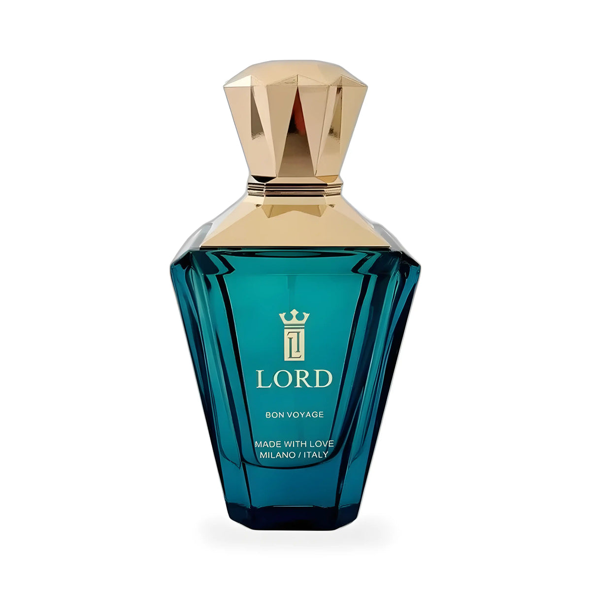 Flacone di Bon Voyage di Lord Milano, Eau de Parfum 100 ml in vetro verde petrolio con tappo dorato sfaccettato