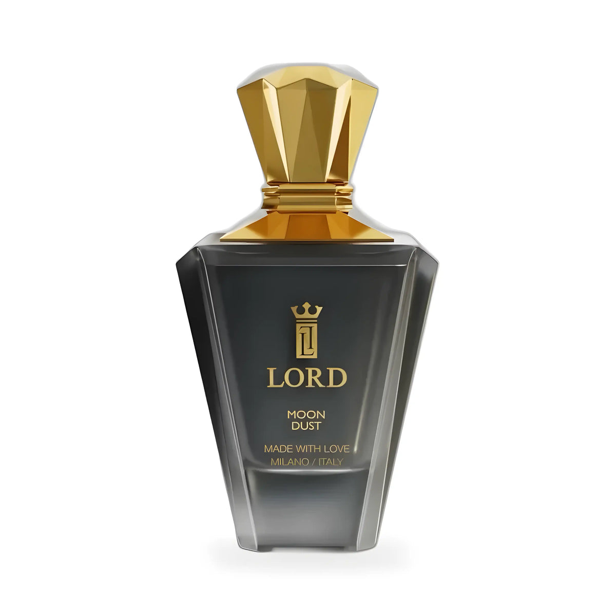Flacone di Moon Dust di Lord Milano, profumo 100 ml in vetro grigio fumé sfumato con tappo dorato sfaccettato