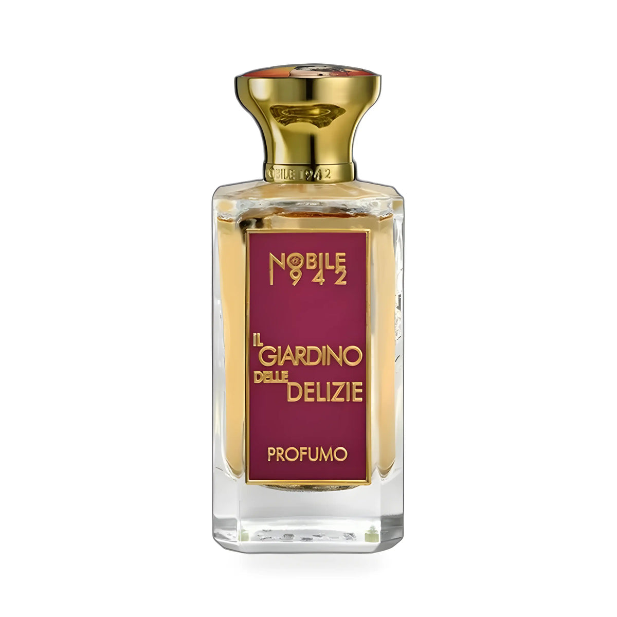 Flacone di Il Giardino delle Delizie di Nobile 1942, Extrait de Parfum 75 ml in vetro trasparente con etichetta bordeaux e tappo dorato
